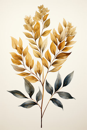 Watercolor illustration of a branch with leaves on a white background.の素材
