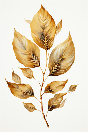 Golden branch with leaves on a white background. Watercolor illustration.の素材