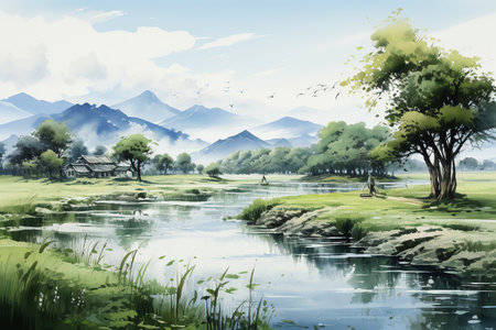 landscape of mountain and river with blue sky background, Digital paintingの素材
