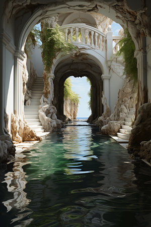 Gorgeous white marble stairs leading to the pool. luxury villaの素材