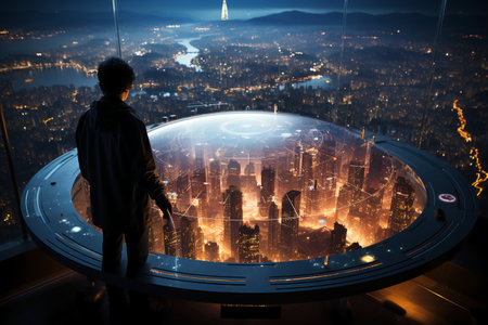 Businessman looking at a futuristic globe with cityscape in the backgroundの素材