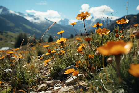 Flower meadow in the mountains. Colorful flowers in the mountainsの素材