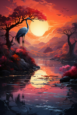 Illustration of a beautiful sunset over a lake with a storkの素材