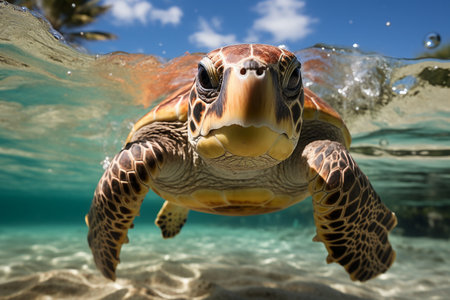 Green sea turtle swimming underwater in the ocean. 3d illustration.の素材