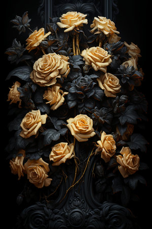 Beautiful gold roses on a black background. Decorations for the holiday.の素材