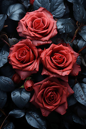 Beautiful red roses with water drops on black background, closeupの素材