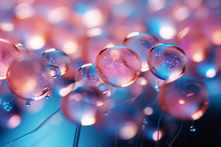Close-up of transparent bubbles on light blue background. 3d renderingの素材