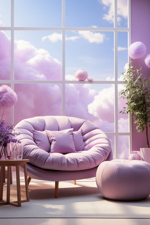 Interior of modern living room with large window, 3d renderの素材