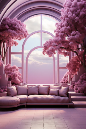 Interior of the room with a large window and a pink sofaの素材