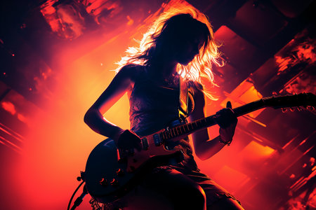 Young woman playing on the electric guitar in the nightclub. Music concept.の素材