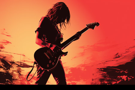 Silhouette of a girl playing the electric guitar on a red backgroundの素材