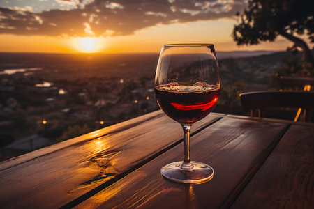Glass of red wine on terrace with view on Tuscany, Italyの素材