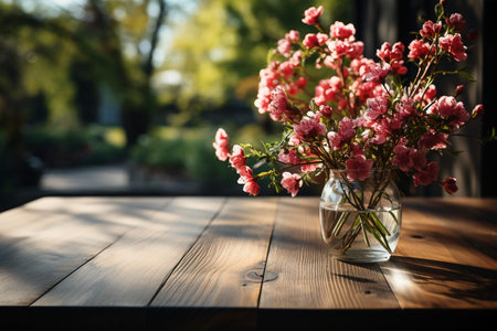 Vase with pink flowers on a wooden table in the garden.の素材