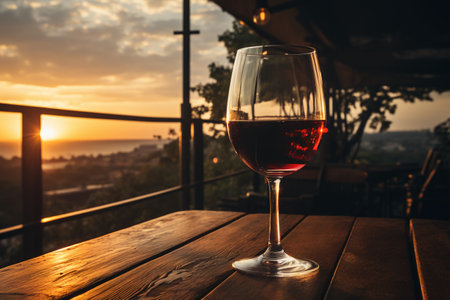 Red wine glass on the terrace with view of the sunset.の素材