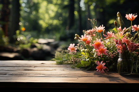 Wooden table with summer flowers in the garden. Selective focus.の素材