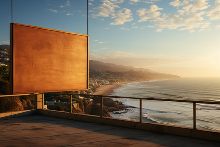 Blank billboard on a balcony overlooking the sea at sunset. Toned.の素材
