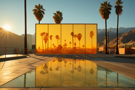 3D render of a modern building with palm trees and sunset.の素材