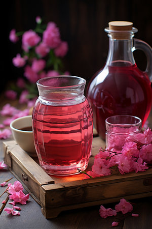 Cherry juice in a glass and a decanter on a wooden backgroundの素材