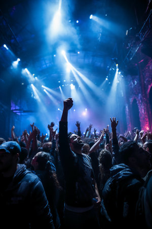 Crowd with hands raised at a music festival, close-upの素材