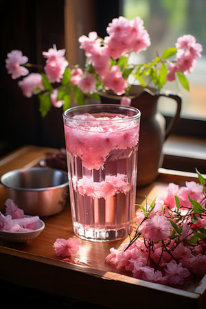 Glass of pink water with cherry blossom on the window background.の素材
