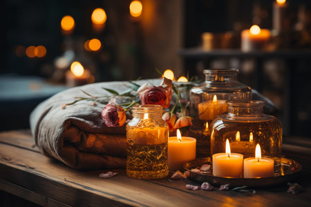Spa still life with burning candles, towel and flowers on wooden tableの素材