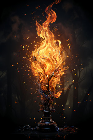 Burning fire in the dark forest, conceptual image of fire.の素材