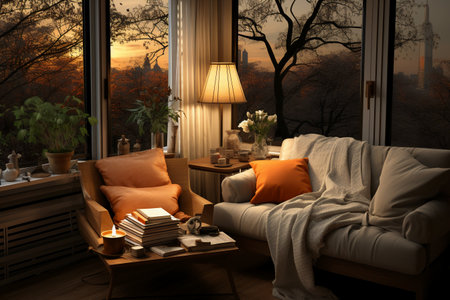 Cozy living room interior with comfortable sofa and books on windowsillの素材