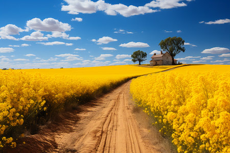Country road through a blooming colza field with blue sky.の素材