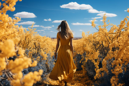 A girl in a yellow dress on a background of yellow flowers.の素材