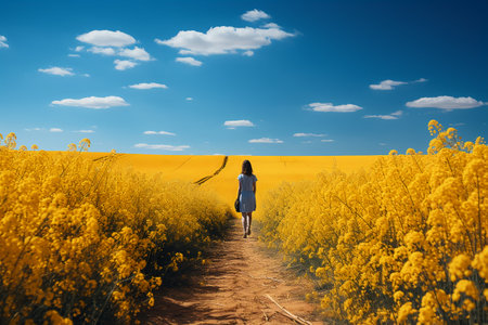 A young woman walking through a field of yellow flowers. Beauty in nature.の素材