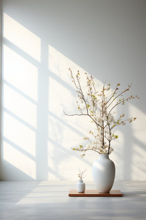 White spring flowers in vase on wooden shelf on white wall backgroundの素材
