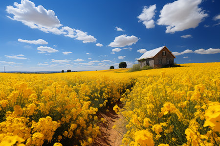 Rapeseed field with blue sky and white clouds, Czech Republicの素材