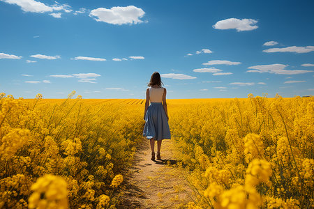 Beautiful young woman standing in a field of blooming rapeseed.の素材