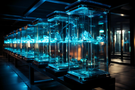 Laboratory glassware with blue glowing light. 3D Renderingの素材