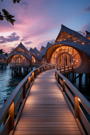 Wooden bridge leading to the bungalows in the Maldivesの素材