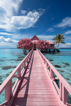 Wooden bridge leading to tropical island with palm trees and pink flowersの素材