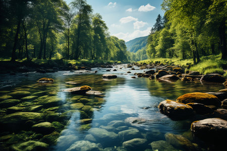 Beautiful summer landscape with mountain river and green forest. Toned.の素材