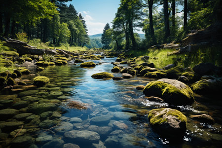 Beautiful landscape image of a river flowing through the woods in summerの素材