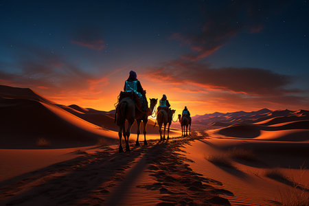 3D rendering of a camel caravan in the Sahara desert at sunsetの素材