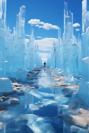 Man walking on icy path in blue water. 3D illustration.の素材