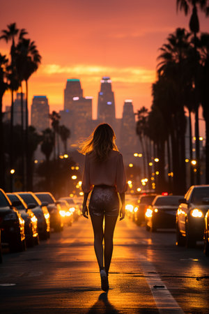 Beautiful young woman walking in the streets of Los Angeles at sunsetの素材