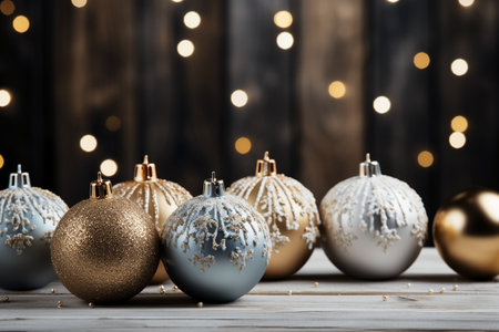 Christmas baubles on a wooden background with bokeh lightsの素材