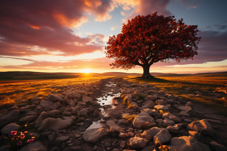 Beautiful autumn landscape with lonely tree at sunset. HDR image.の素材