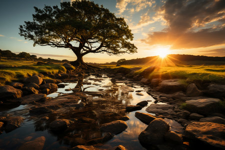 Beautiful landscape image of a tree in a stream at sunset.の素材