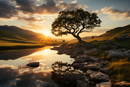 Lonely tree reflected in the lake at sunset, New Zealandの素材