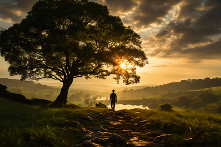 silhouette of a man standing under a tree in the morningの素材