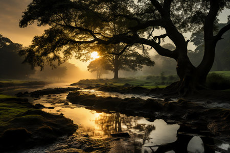 Beautiful sunrise in the forest with tree and river in the morningの素材