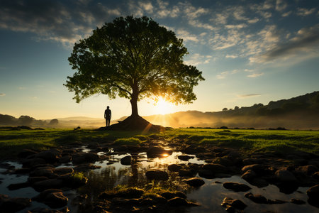 Silhouette of a man standing under a tree in the morning.の素材