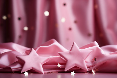 Pink satin fabric with stars on pink background, close-upの素材