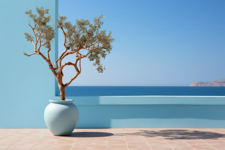 Olive tree in a vase on the terrace overlooking the seaの素材